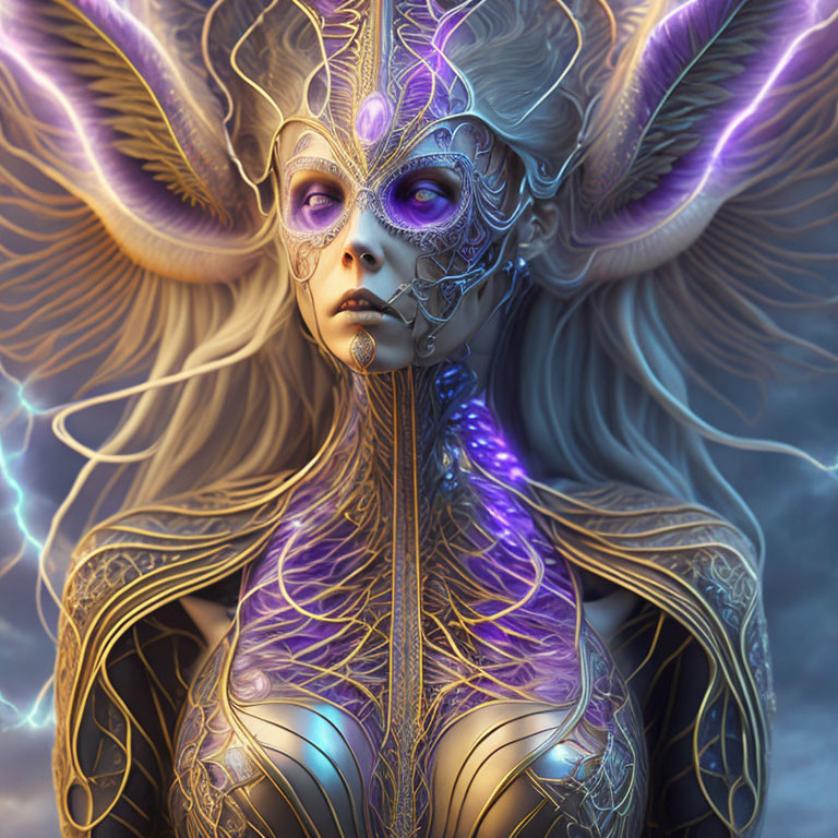 Fantasy female figure in purple armor with elf-like ears and lightning effects