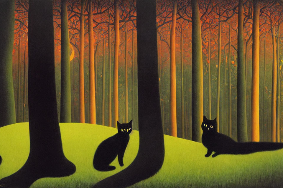 Two black cats with yellow eyes in stylized forest setting with tall trees and green-orange gradient.