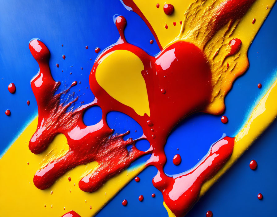 Dynamic red paint splatter on blue and yellow background