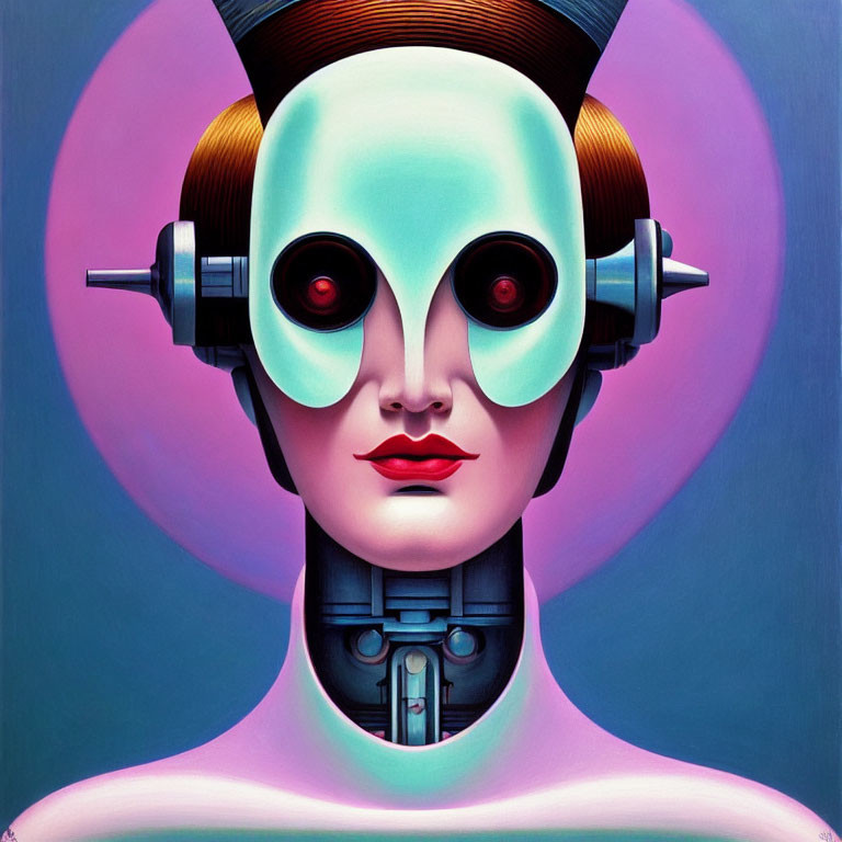 Surreal female portrait with robotic features and futuristic headset