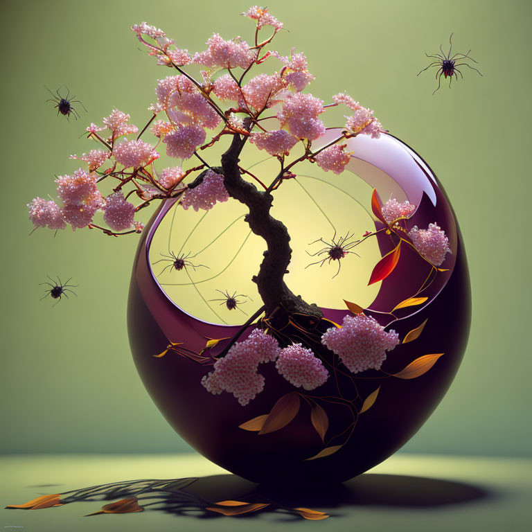 Cherry blossom tree in transparent bubble with crawling ants