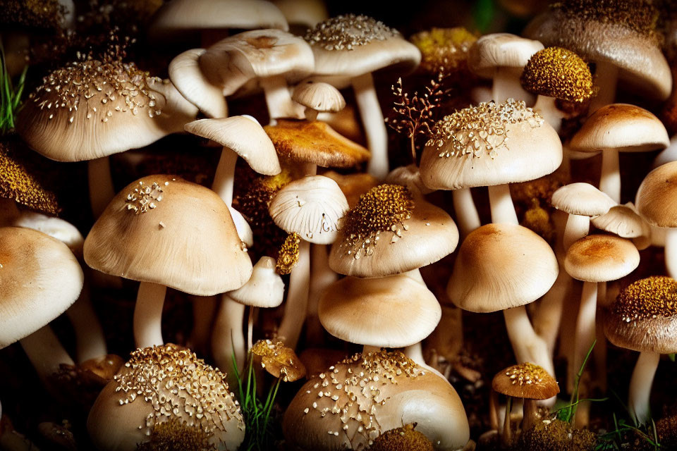 Cluster of Brown Mushrooms with Speckled Caps in Warm Illumination