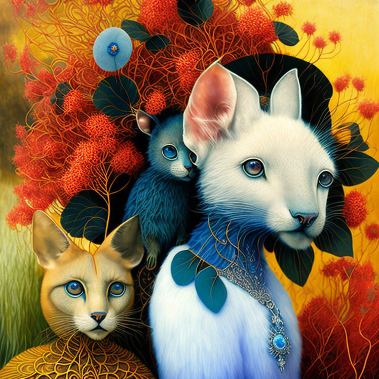 Fantasy illustration of three cats in vibrant red and blue setting