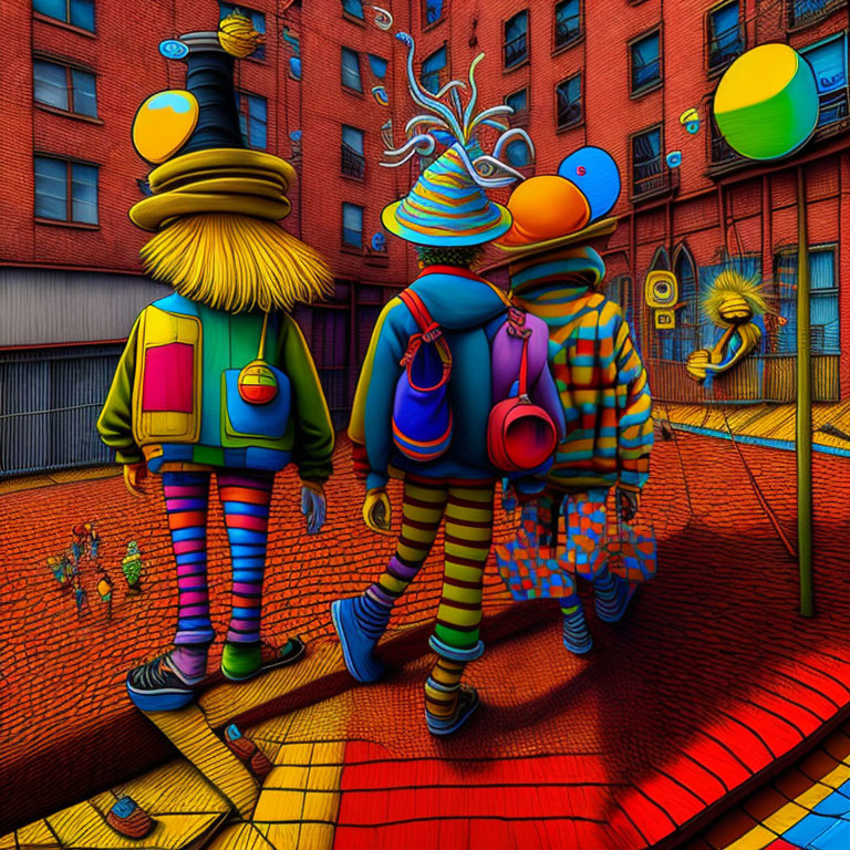 Vibrant urban street scene with whimsical characters and surreal elements