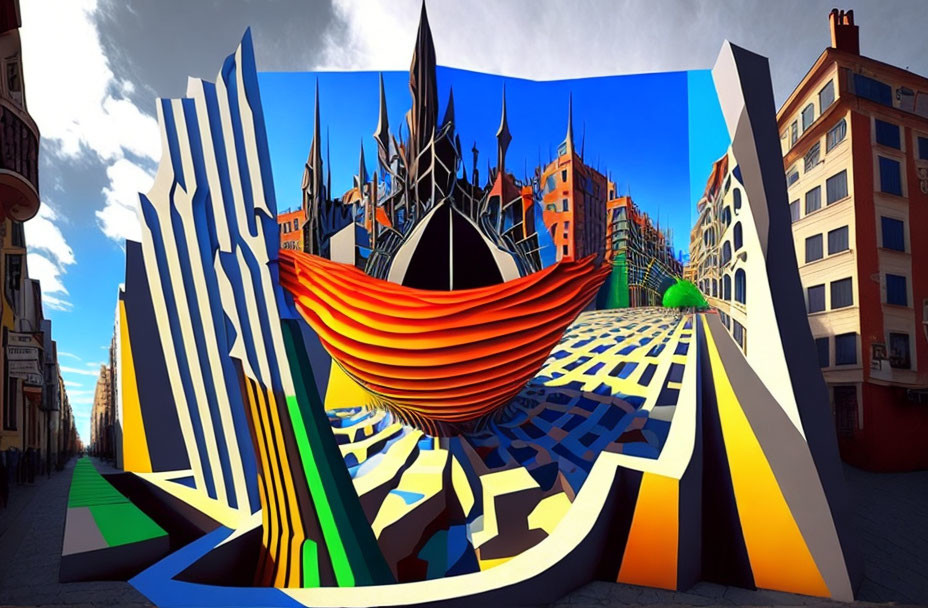 Colorful abstract street art mural: Distorted cityscape under bright sky