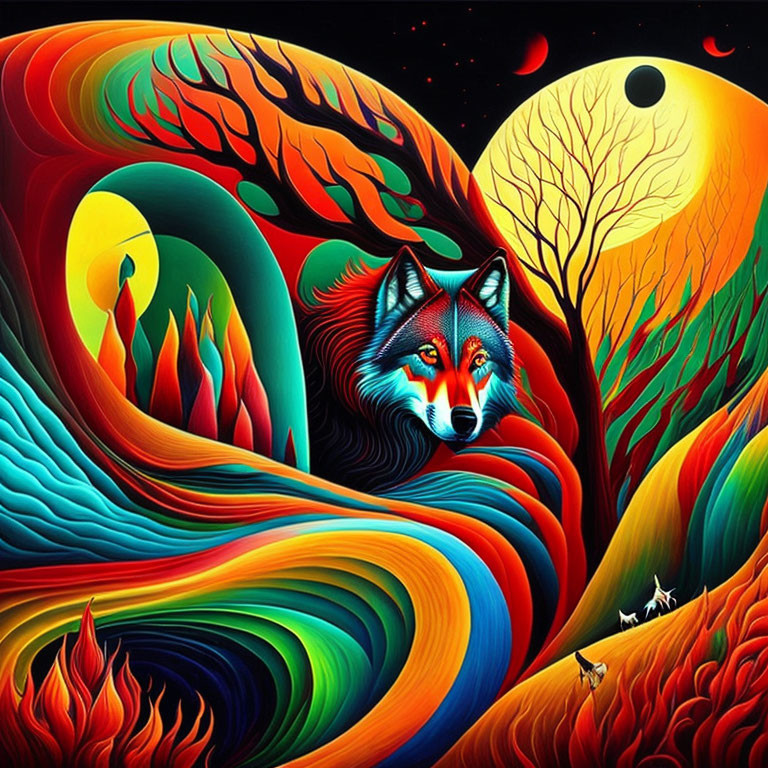 Colorful wolf amidst swirling psychedelic landscape