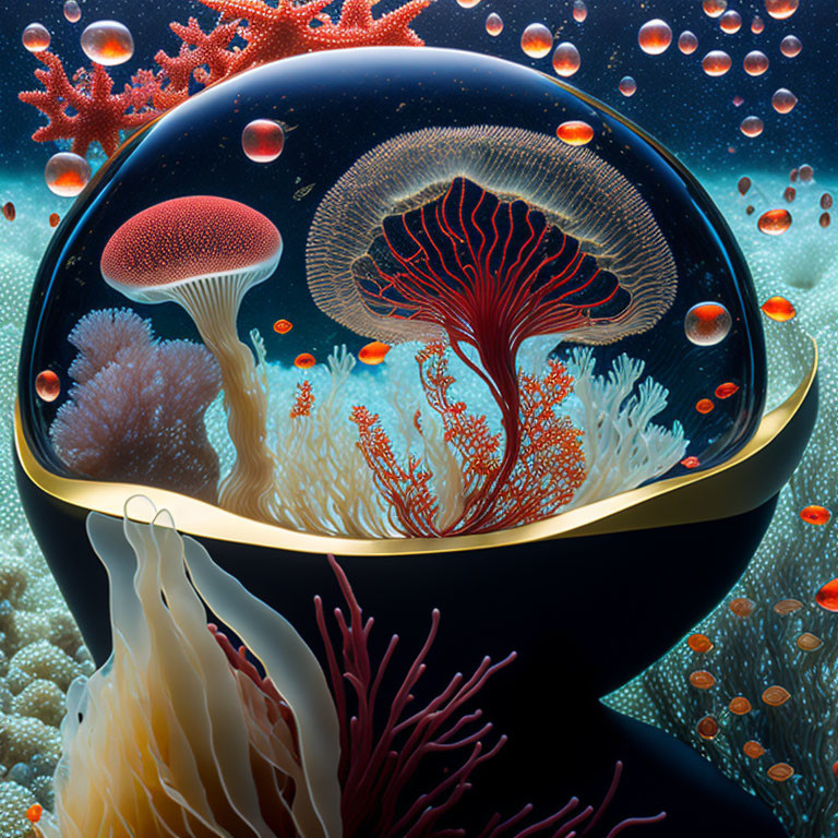 Silhouette artwork featuring underwater coral and jellyfish.