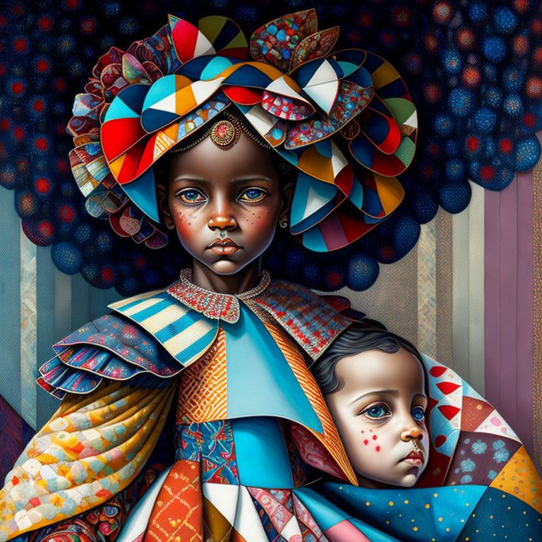 Vibrant digital artwork of a girl in patchwork clothing clutching a doll