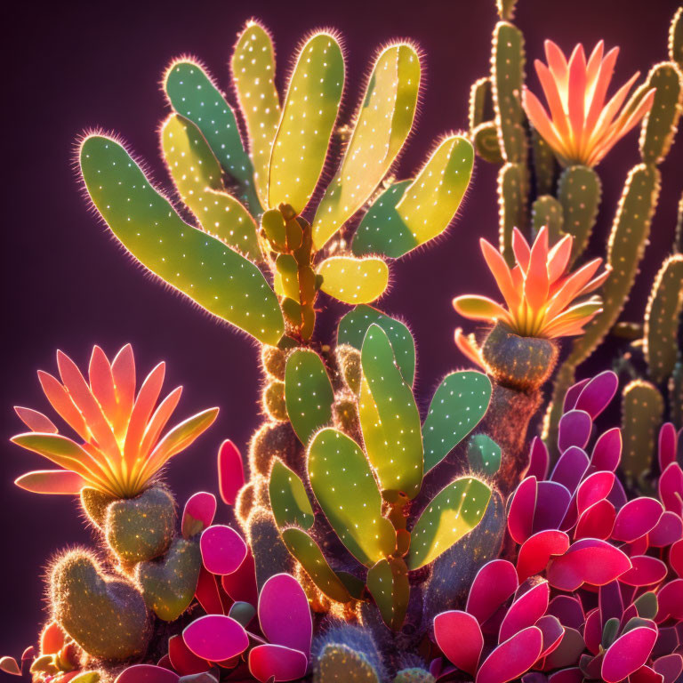 Vibrant cactus with pink flowers and green pads on dark background