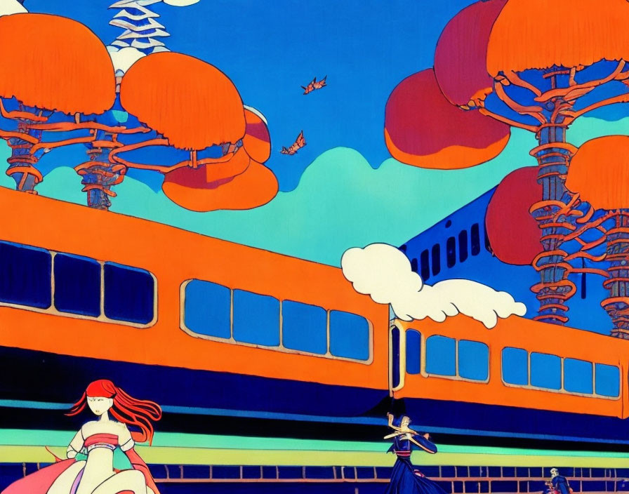 Colorful Train and Whimsical Scene with Red-Haired Girl and Blue Cloaked Figure