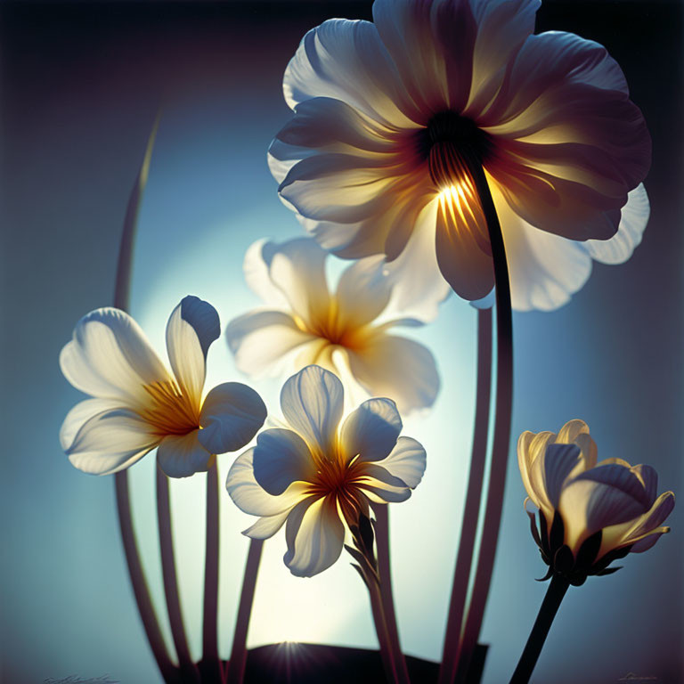 Translucent Flowers with Glowing Veins on Dark Background