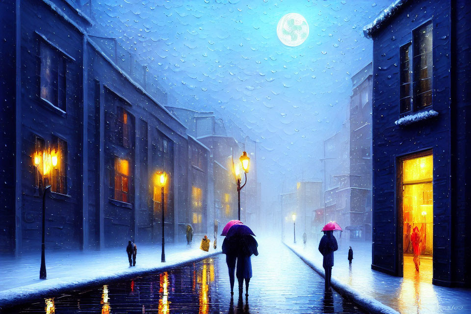 Snowy evening city street scene with full moon and individuals carrying umbrellas under warm glowing lamps.