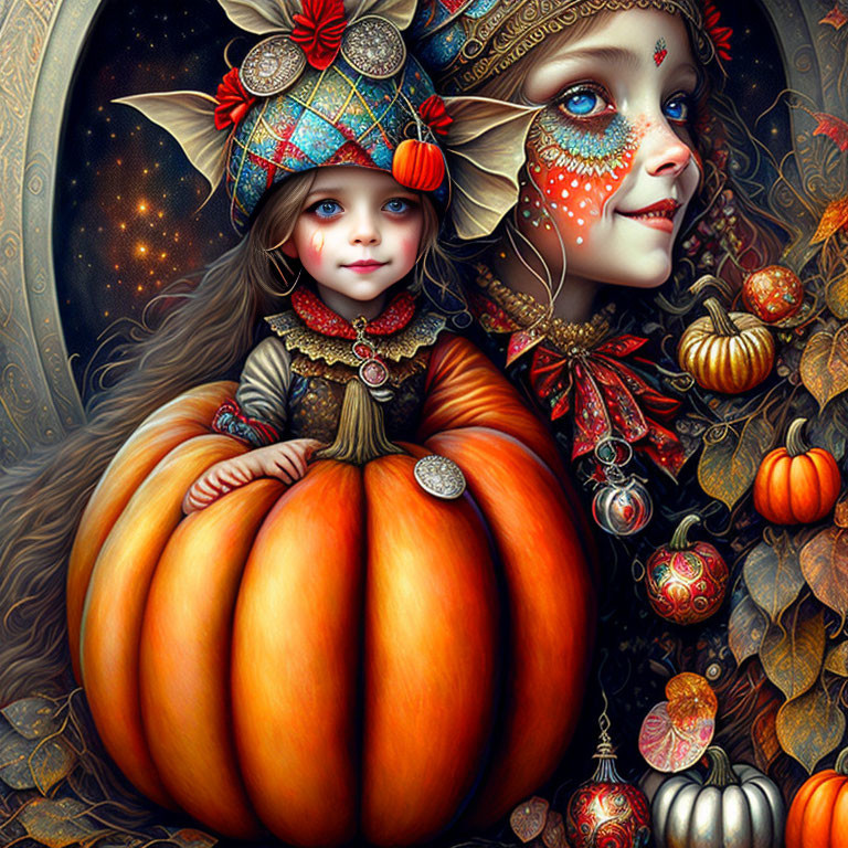 Vibrant autumn-themed illustration with two characters by a large pumpkin