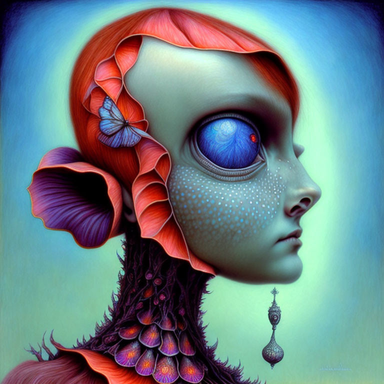 Surreal portrait featuring figure with blue eye, red hair, butterfly, and dotted skin on blue