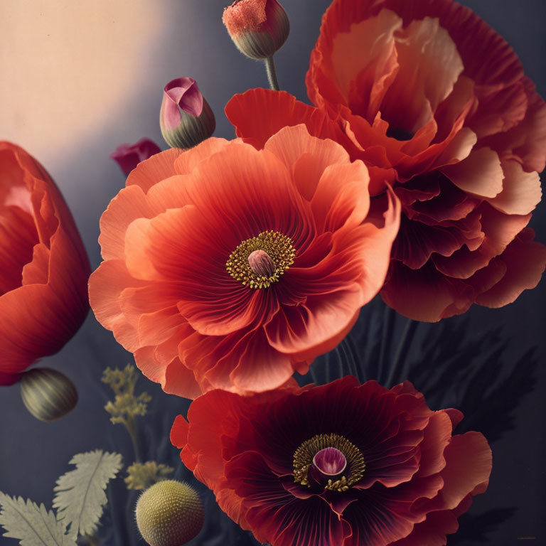 Vibrant red poppies with delicate petals and stamens on muted background