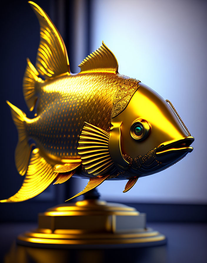 Intricate Golden Mechanical Fish Sculpture on Dark Blue Background