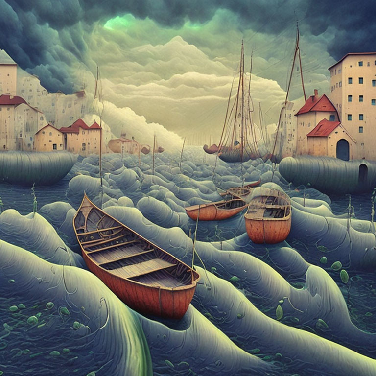 Surreal artwork: boats on rolling waves, cobblestone streets, coastal buildings, stormy