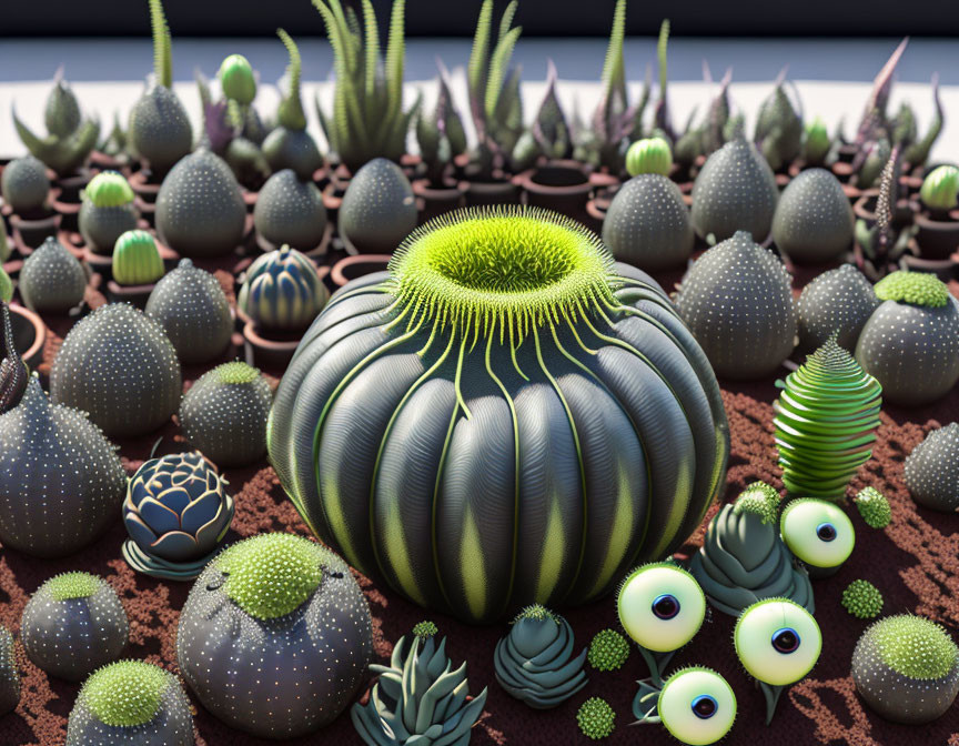 Digitally Rendered Surreal Plants and Eye-like Organisms in Fantasy Garden