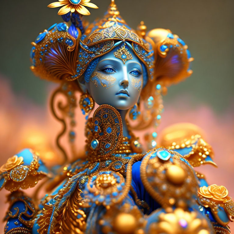 Blue-skinned figure in intricate gold attire on warm background