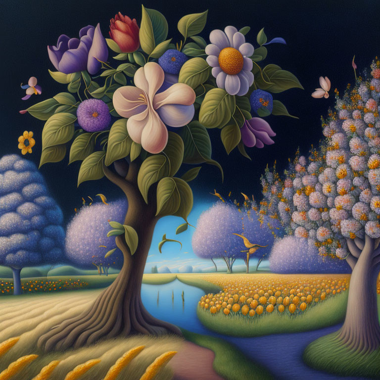 Surreal landscape with oversized flowers, river, colorful trees, and butterflies