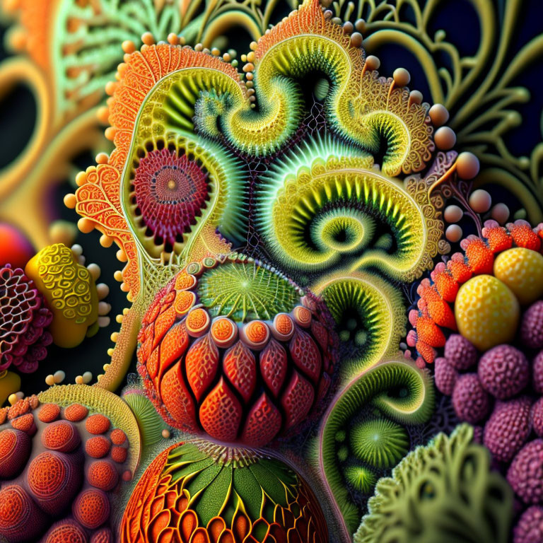 Colorful Fractal Image of Swirling Patterns and Spherical Forms