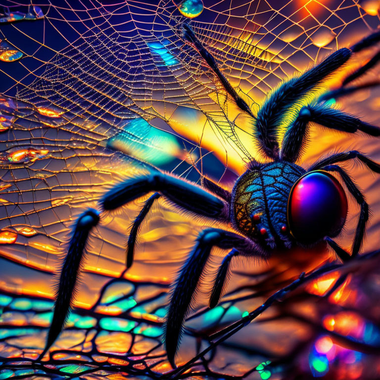 Colorful Spider Close-Up on Web with Bokeh Background