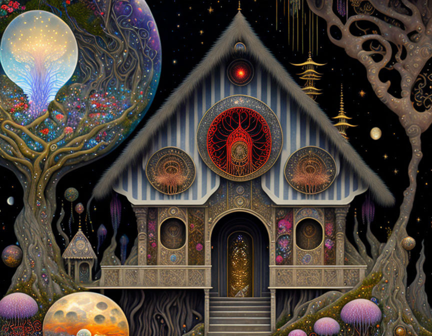 Fantastical treehouse art with cosmic sky