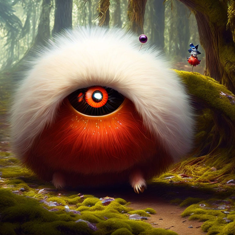 Fantasy forest scene with whimsical creature and luminous orange eye