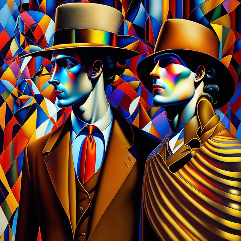 Colorful digital artwork: Two male figures in vintage attire on geometric backdrop