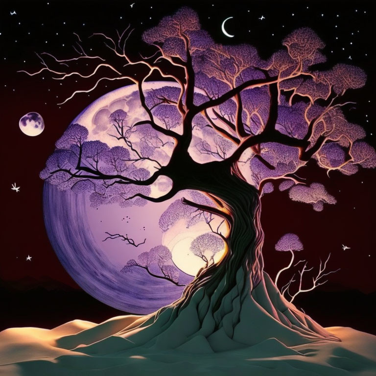 Colorful tree with purple leaves under crescent moon and stars