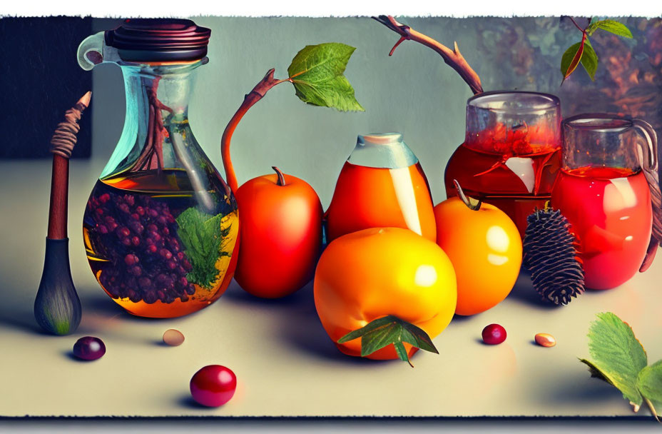 Glass pitcher, fruits, honey dipper, apples, and tea on table