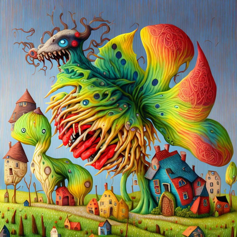 Surreal creature with multiple eyes and tendrils above whimsical village