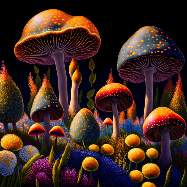 Colorful luminescent mushrooms and plants on dark background