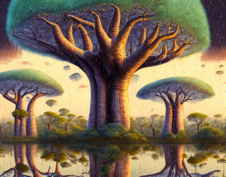 Majestic baobab trees in serene rain-kissed landscape