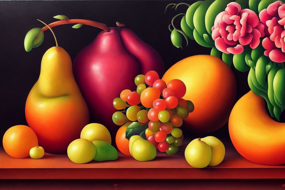 Colorful fruit and flowers in dark still-life painting