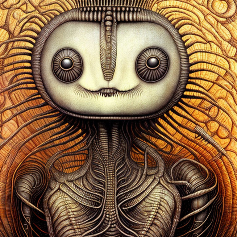 Surreal illustration of creature with circular eyes and zipper mouth