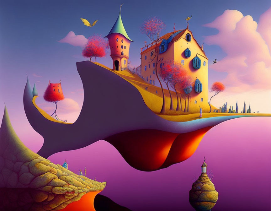 Whimsical landscape with floating islands and yellow castle under purple sky