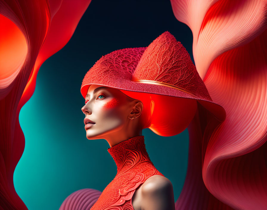 Profile view of model in vibrant red makeup and attire against abstract pink and red backdrop