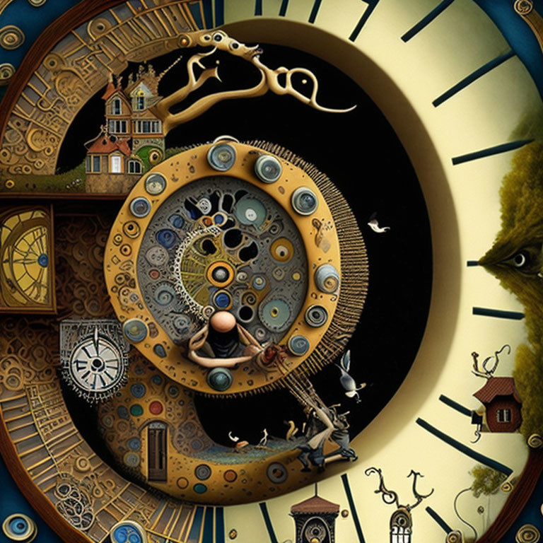 Surreal clockwork universe with gears, spiral structure, whimsical houses, human figures, and