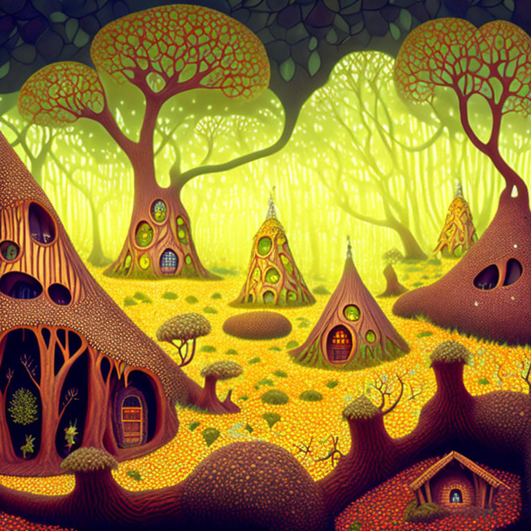 Colorful illustration of magical forest with treehouses