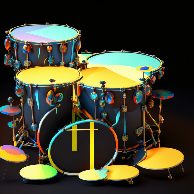 Vibrant 3D rendering of colorful drum set on dark backdrop