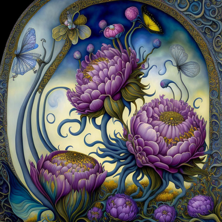 Detailed Purple Flowers and Butterflies on Moody Blue Background