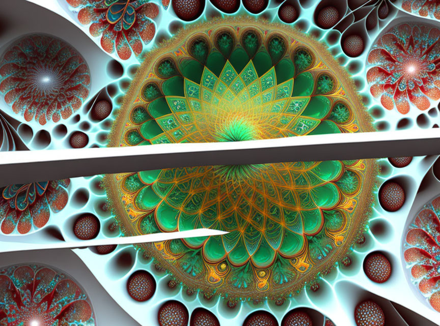 Colorful fractal art with peacock feather motif in greens, reds, white swirls.