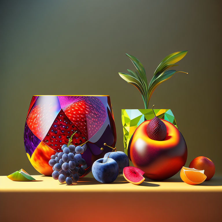 Colorful geometric vases and stylized fruits on a table