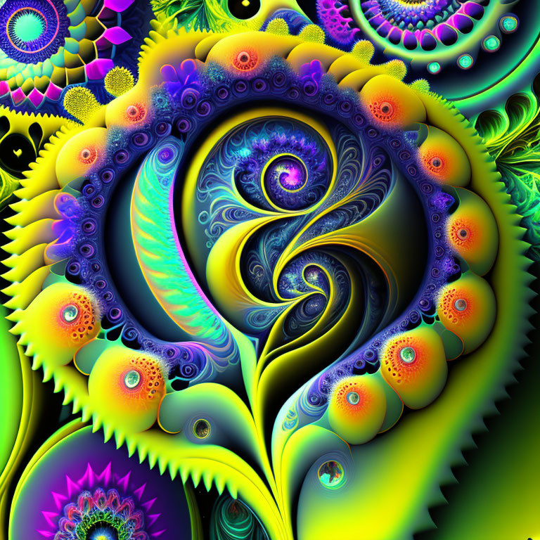 Colorful fractal image with intricate patterns and swirling shapes