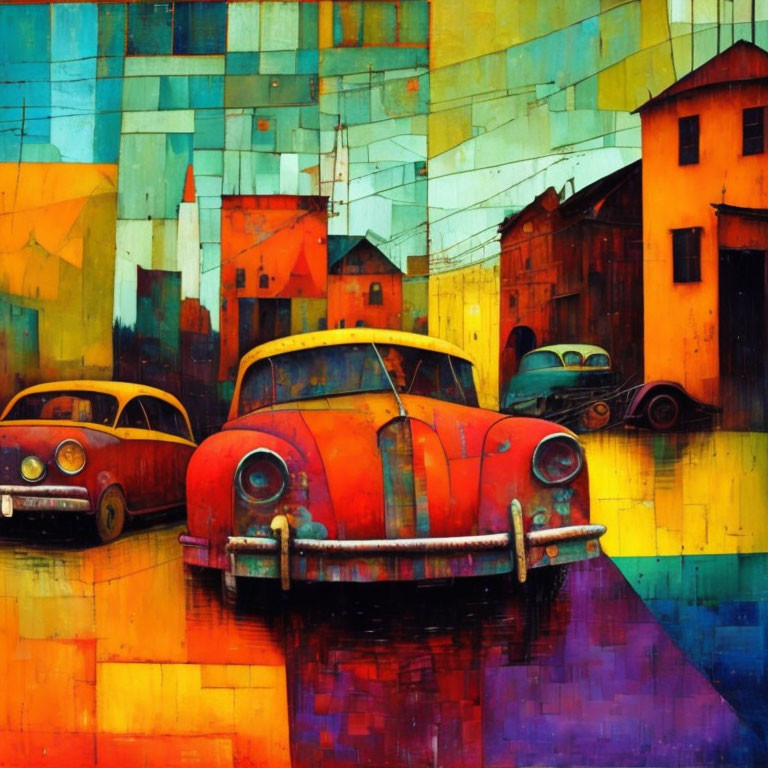 Colorful Abstract Painting of Vintage Cars and Geometric Patterns in Sky