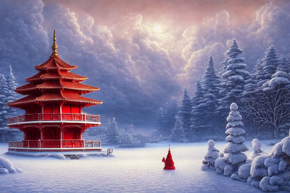 Red Pagoda in Snowy Winter Landscape with Glowing Sky