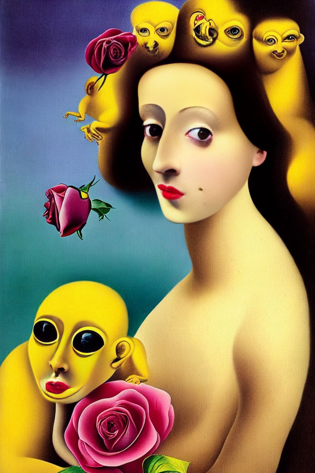 Surrealistic painting of woman with serene expression among floating yellow faces and roses on blue background