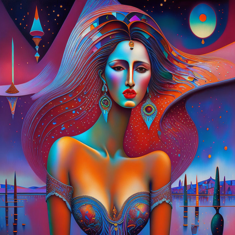 Colorful surrealist portrait of a woman with flowing hair in cosmic setting