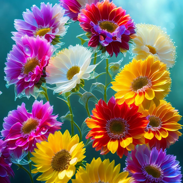 Colorful Gerbera Flowers in Pink, White, Yellow, and Red on Turquoise Background